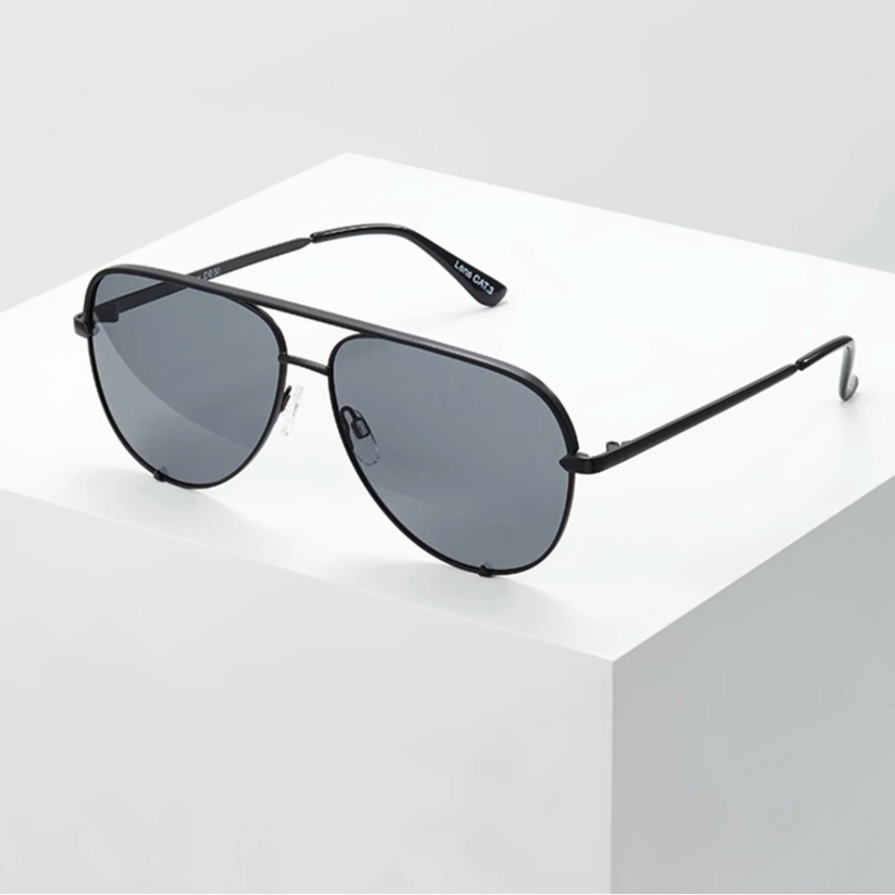 QUAY X DESI HIGH KEY Aviator Sunglasses OS Black Frame Smoke Mirror Lenses UV
